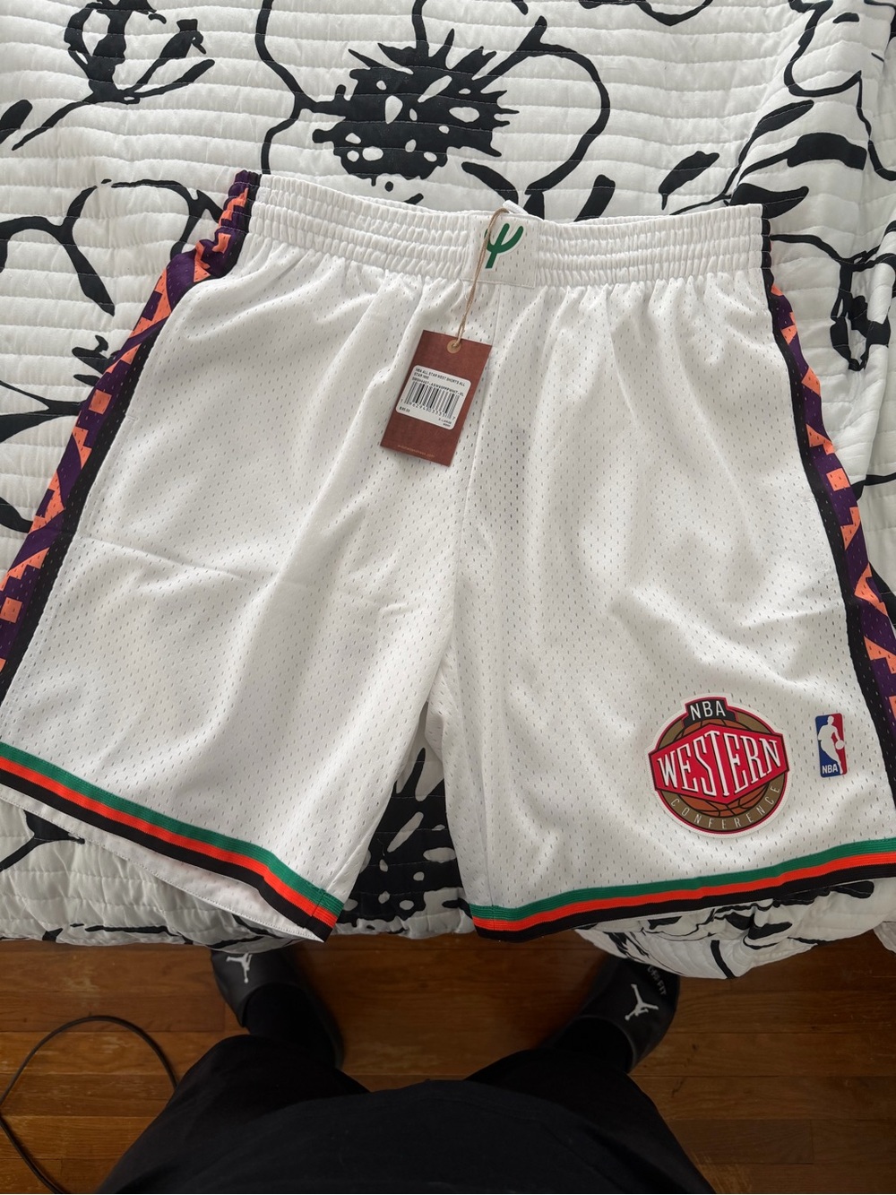 Mitchell & Ness White NBA Western Athletic Shorts with Green and Orange Trim